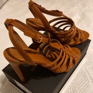 Elegant Tory Burch Camel Strappy Heels